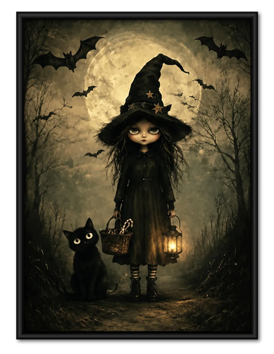 Little Witch and Black Cat Moonlight Wall Art 1