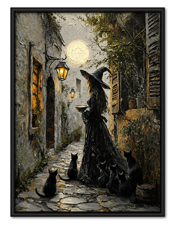 Witch and Black Cats Moonlit Alley Wall Art