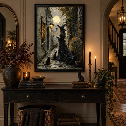 Witch and Black Cats Moonlit Alley Wall Art 2