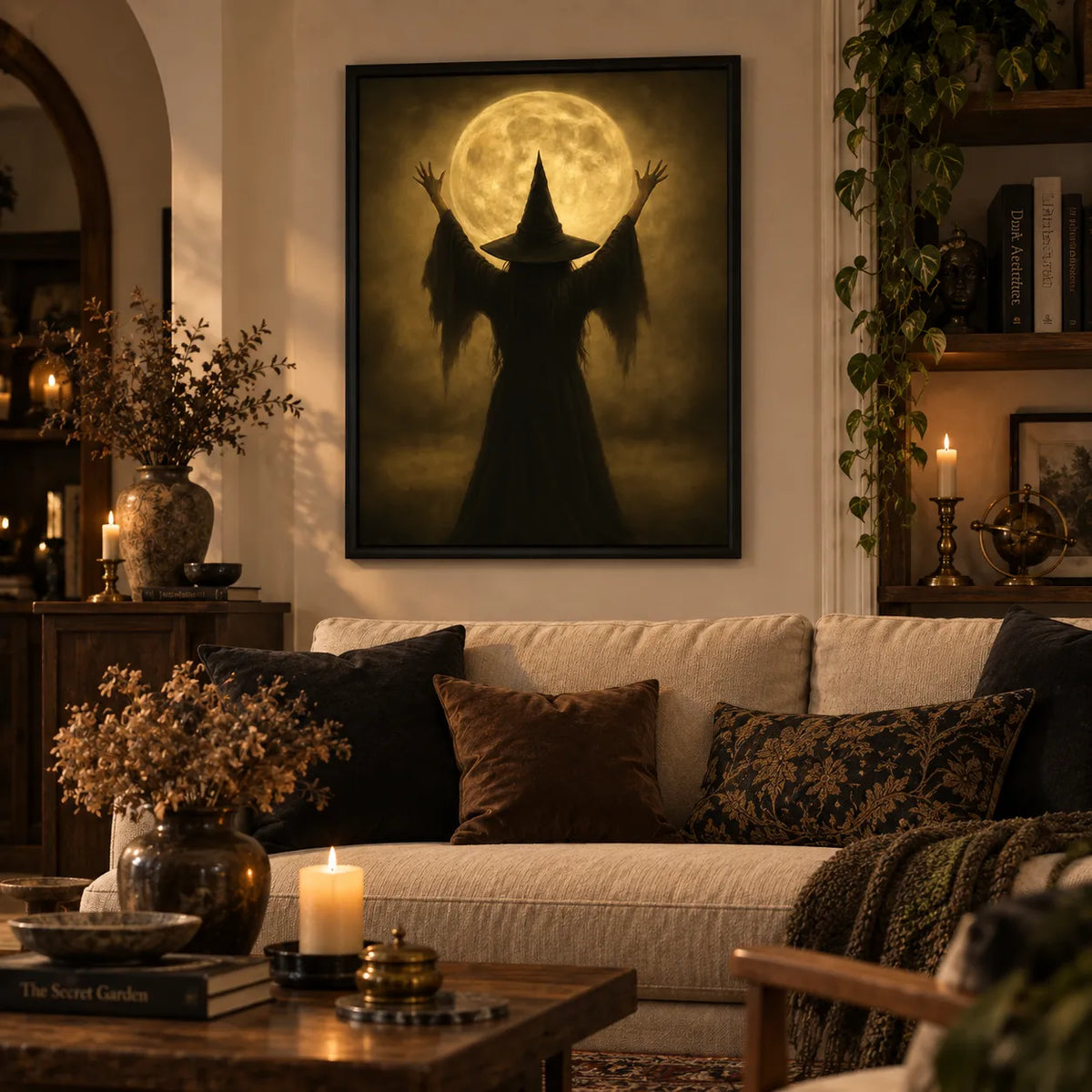 Witch Silhouette Under the Golden Moon Wall Art 2