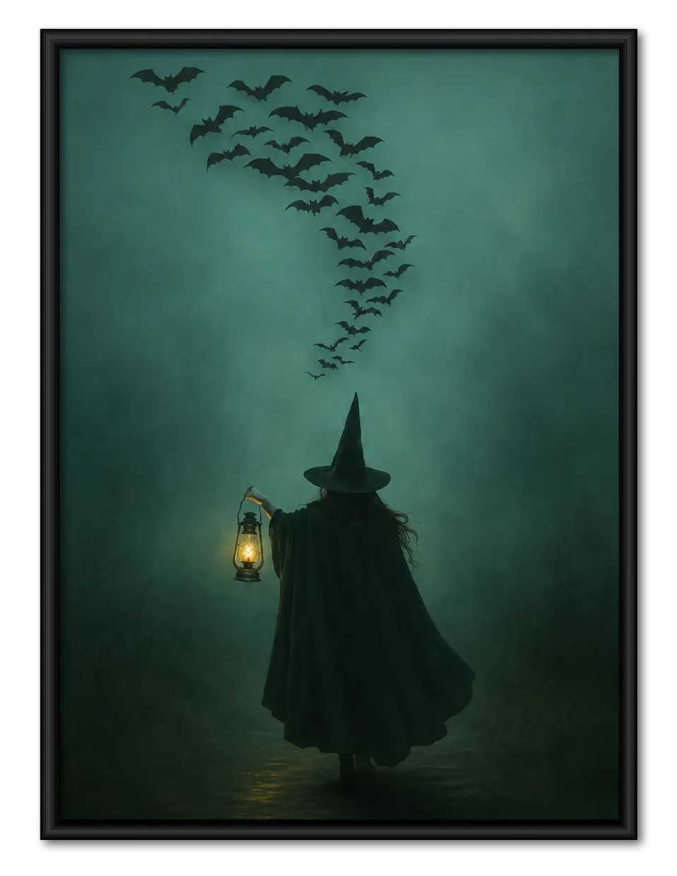 Witch with Lantern and Flying Bats Wall Art 1