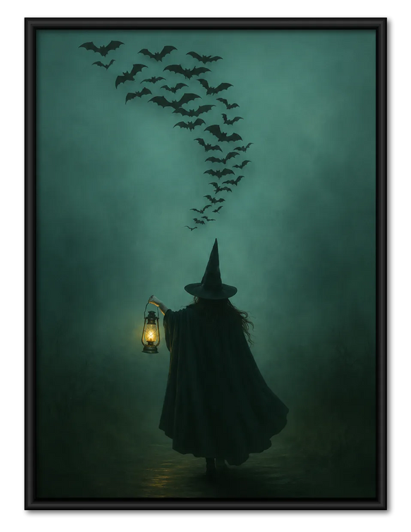 Witch with Lantern and Flying Bats Wall Art