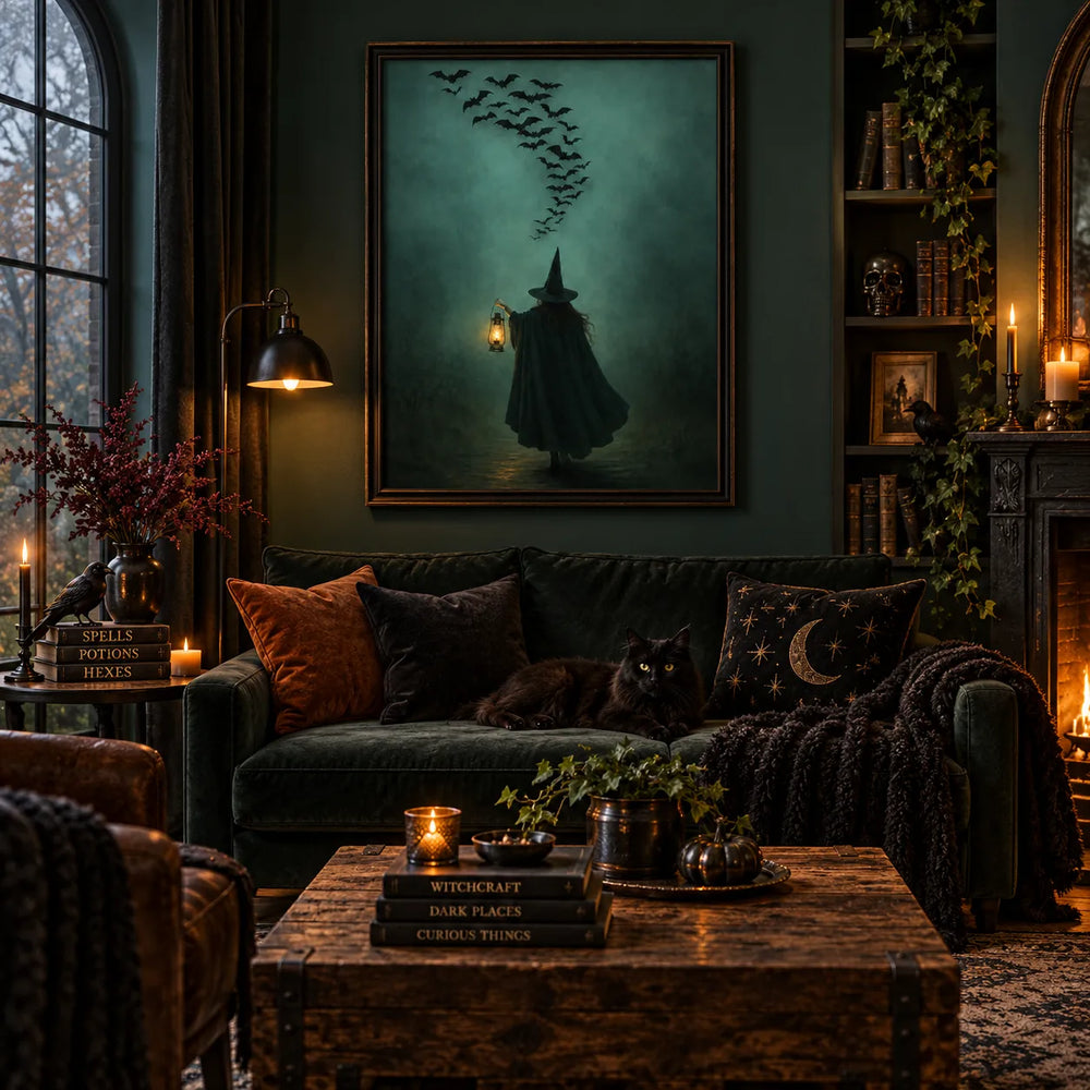 Witch with Lantern and Flying Bats Wall Art 2