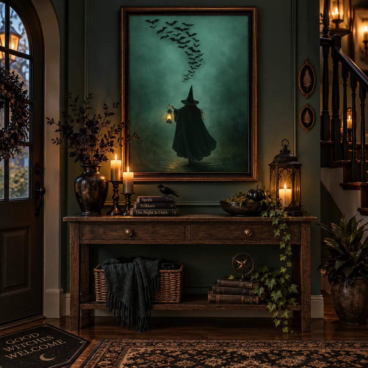 Witch with Lantern and Flying Bats Wall Art 5