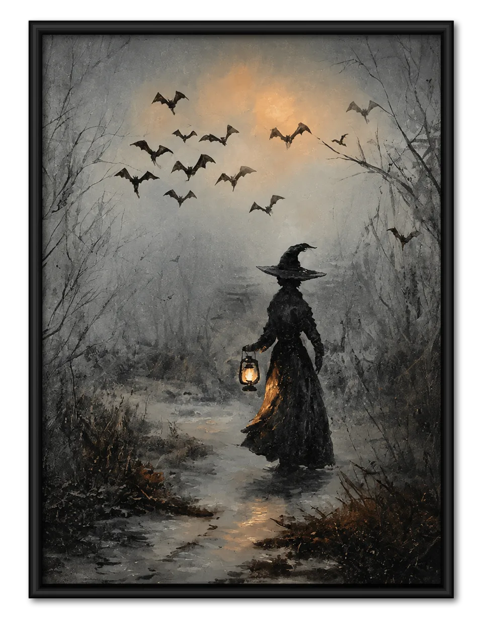 Witch Walking Through Misty Bat Forest Wall Art 1