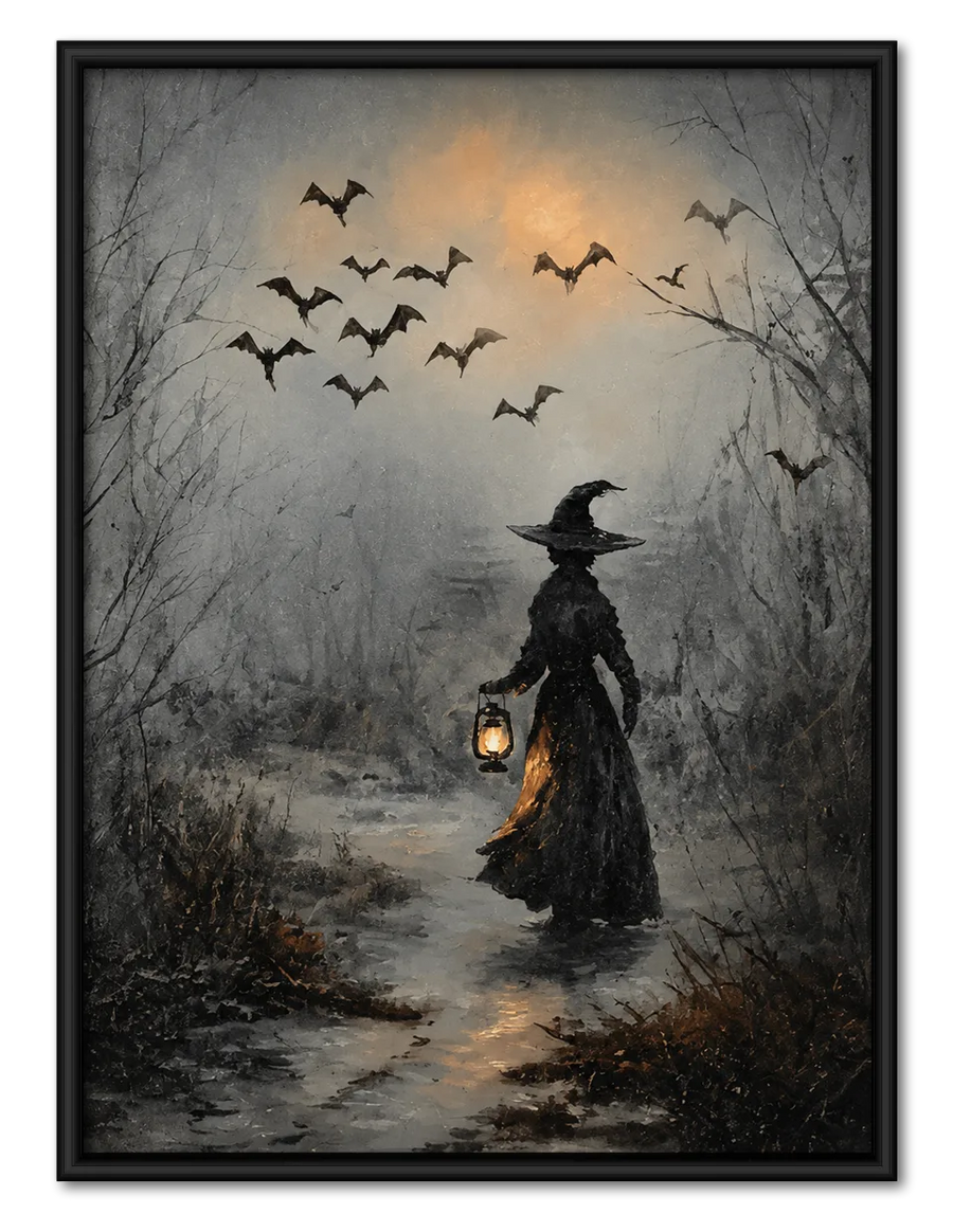 Witch Walking Through Misty Bat Forest Wall Art