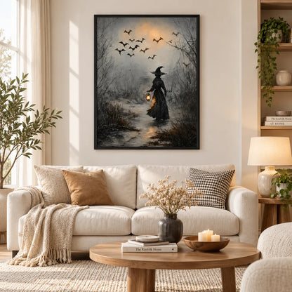 Witch Walking Through Misty Bat Forest Wall Art 2