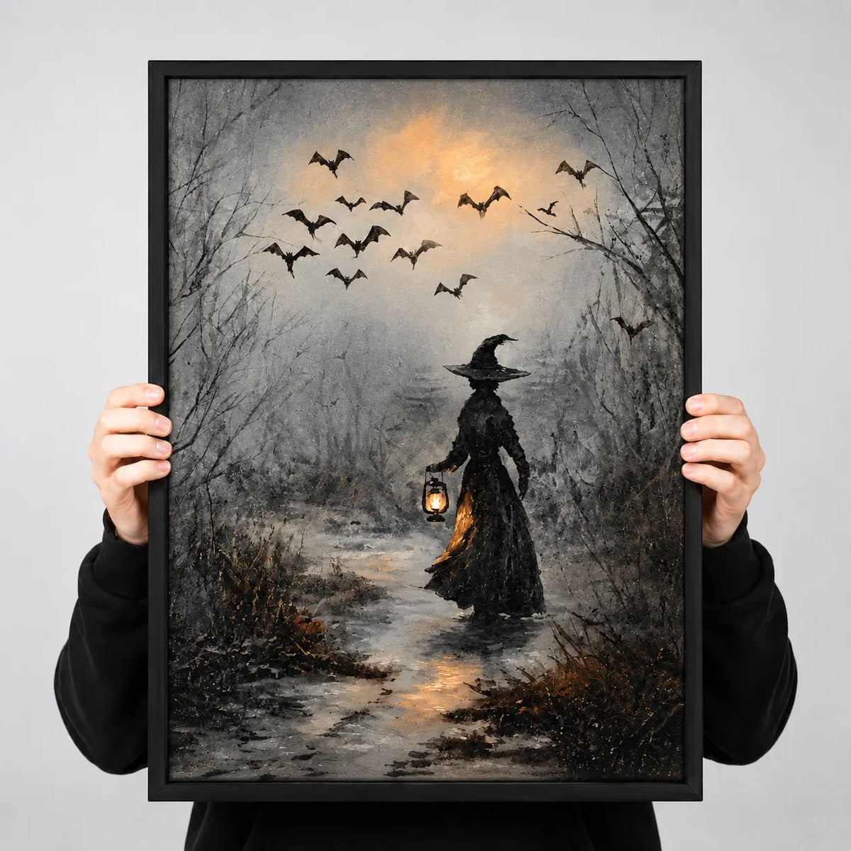 Witch Walking Through Misty Bat Forest Wall Art 3