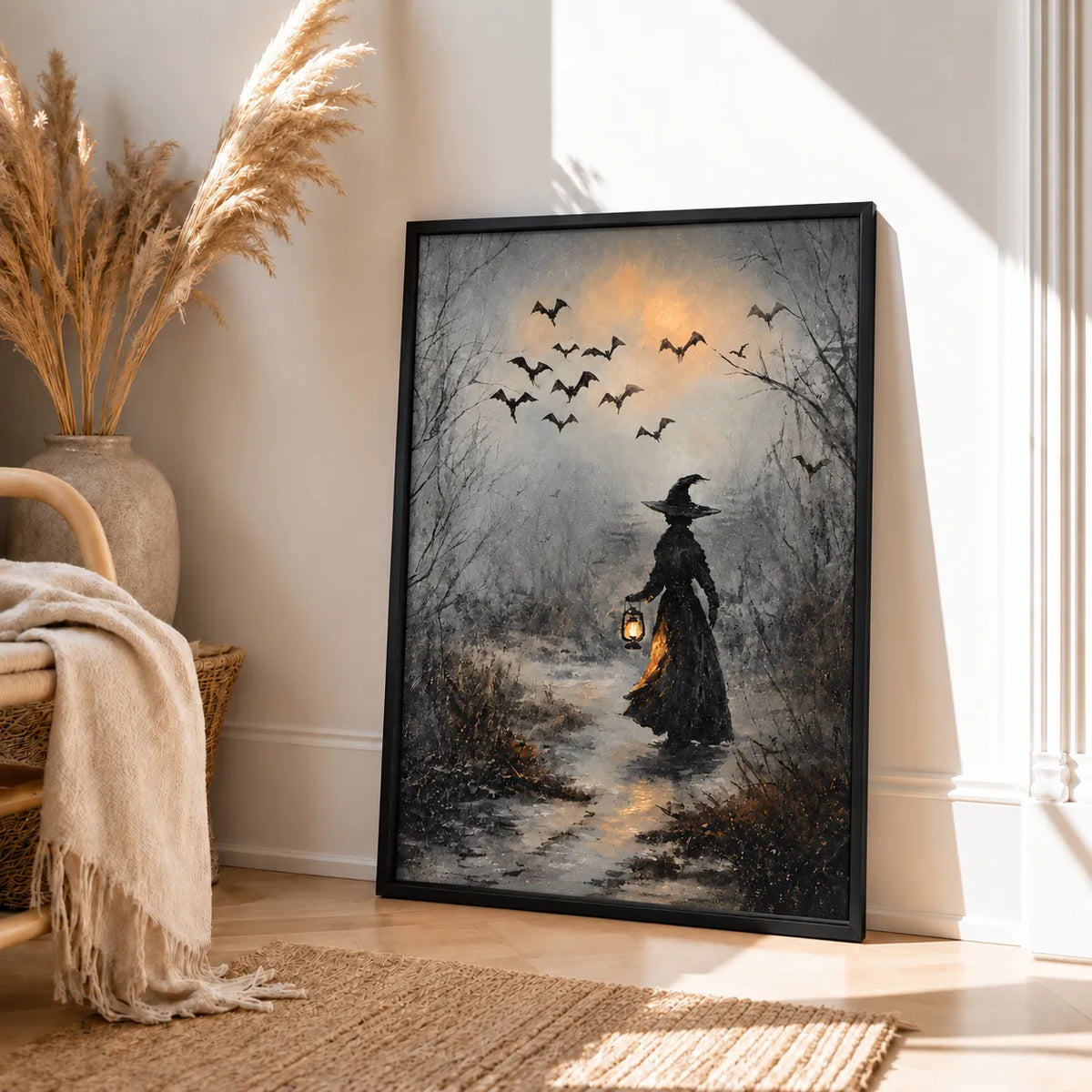 Witch Walking Through Misty Bat Forest Wall Art 4