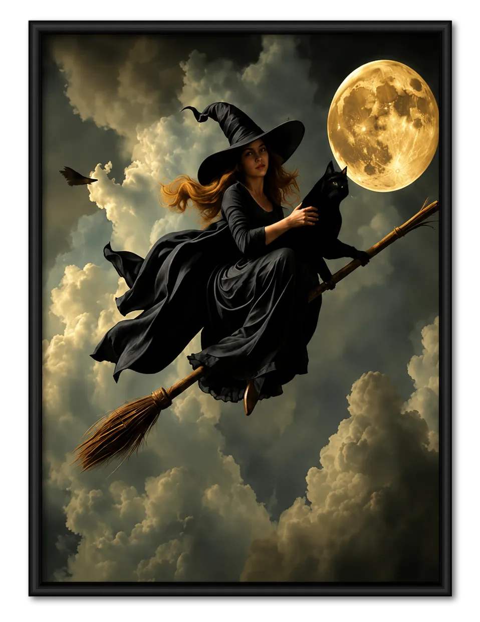 Witch Flying with Black Cat Under Moon Wall Art 1