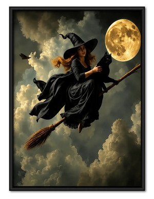 Witch Flying with Black Cat Under Moon Wall Art