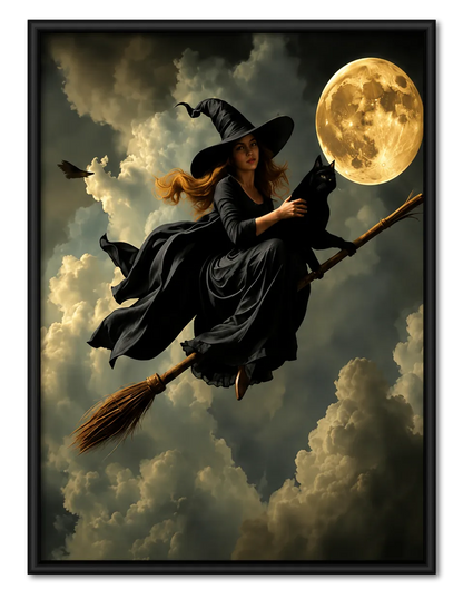 Witch Flying with Black Cat Under Moon Wall Art 1