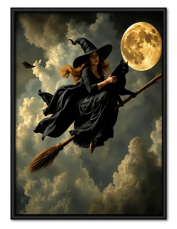 Witch Flying with Black Cat Under Moon Wall Art