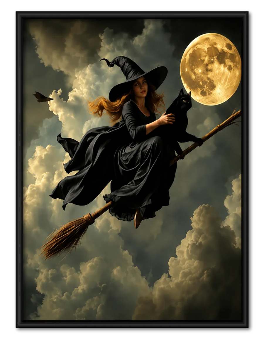 Witch Flying with Black Cat Under Moon Wall Art