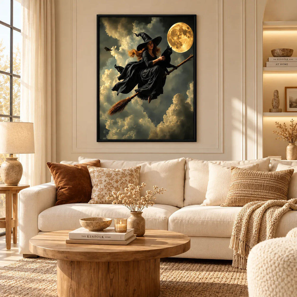 Witch Flying with Black Cat Under Moon Wall Art 2