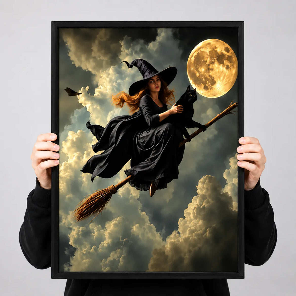 Witch Flying with Black Cat Under Moon Wall Art 3