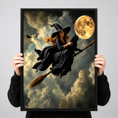 Witch Flying with Black Cat Under Moon Wall Art 3