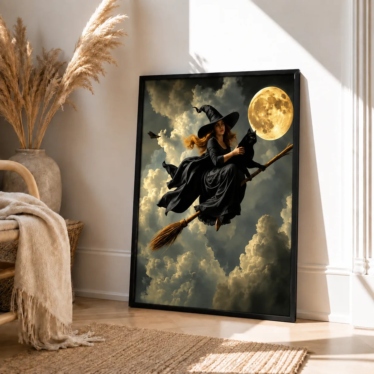 Witch Flying with Black Cat Under Moon Wall Art 4