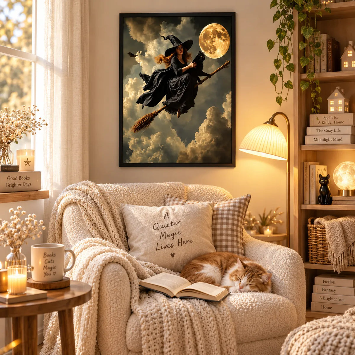 Witch Flying with Black Cat Under Moon Wall Art 5