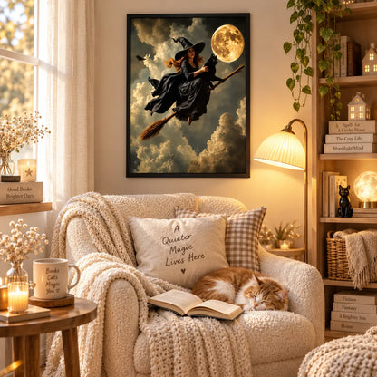 Witch Flying with Black Cat Under Moon Wall Art 5