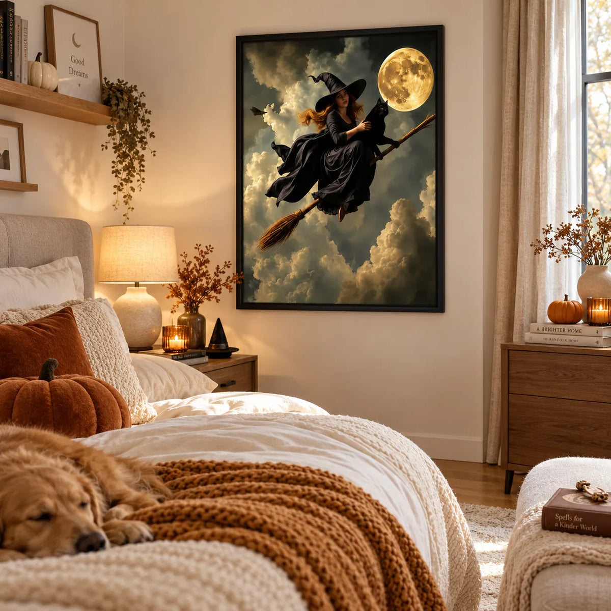 Witch Flying with Black Cat Under Moon Wall Art 6