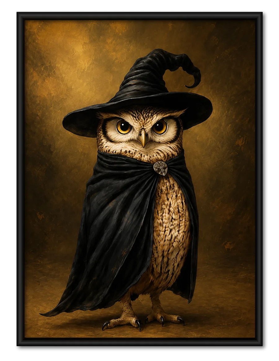 Witch Owl in Black Cloak Halloween Wall Art
