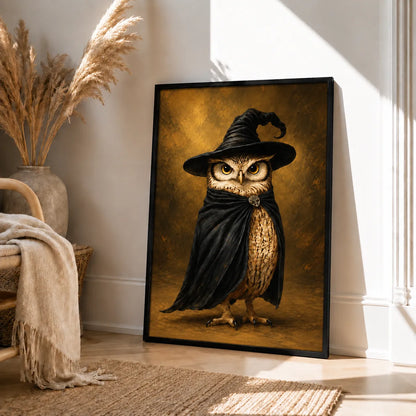 Witch Owl in Black Cloak Halloween Wall Art 4