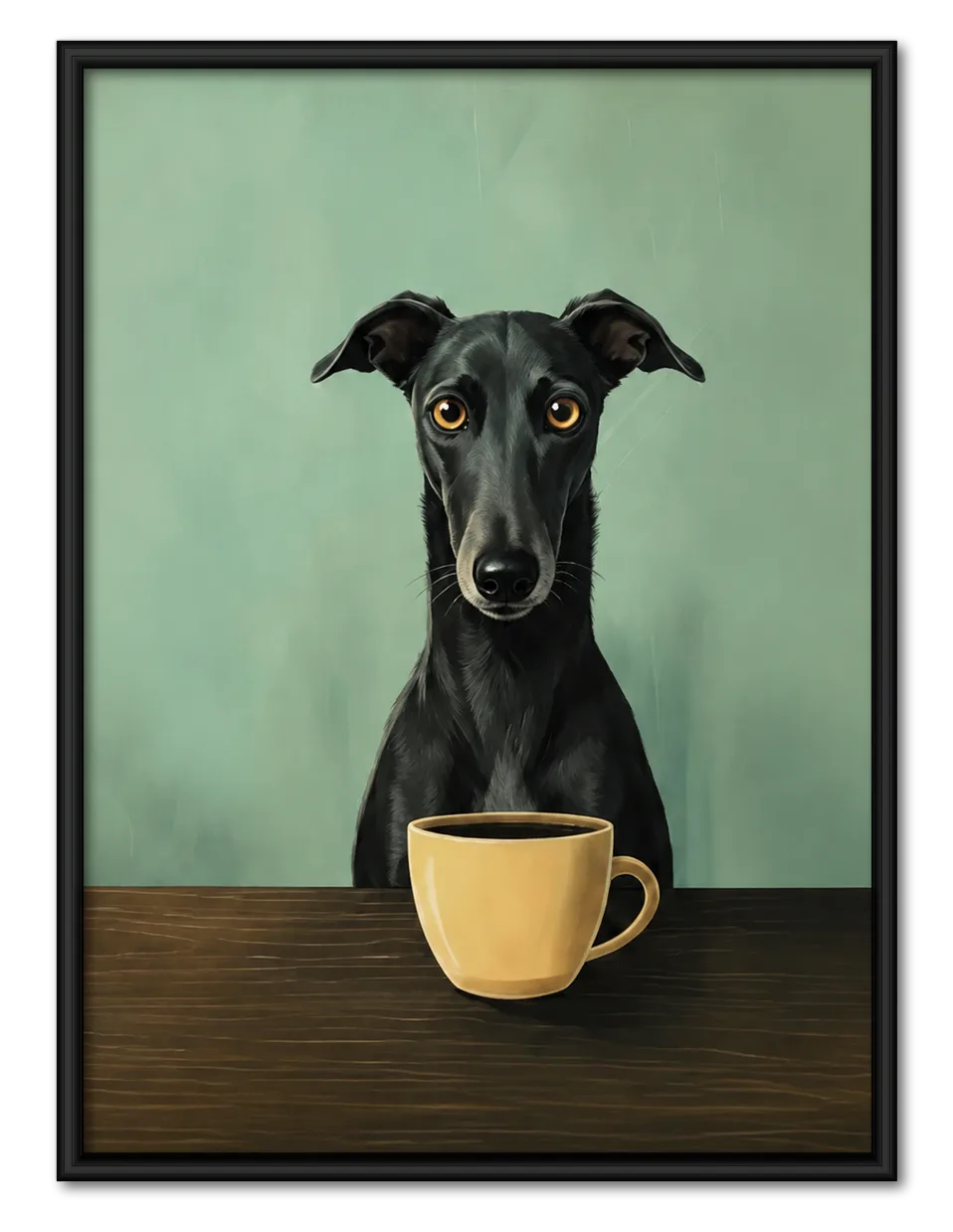 Black Greyhound with Coffee Cup Wall Art 1