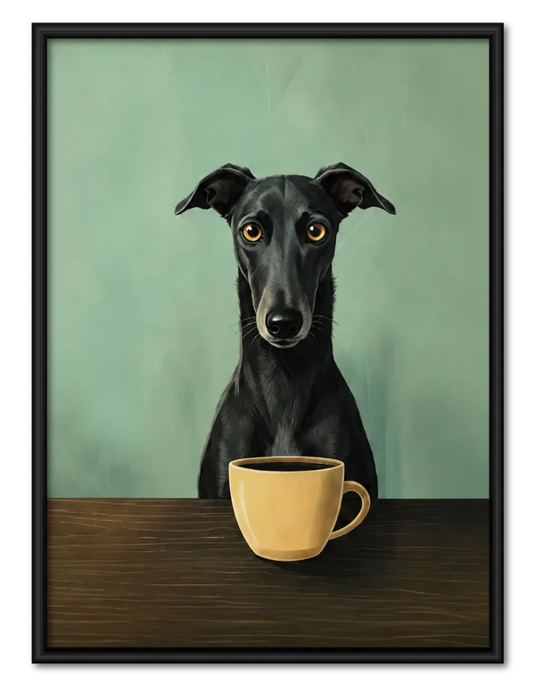 Black Greyhound with Coffee Cup Wall Art