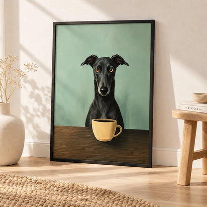 Black Greyhound with Coffee Cup Wall Art 4