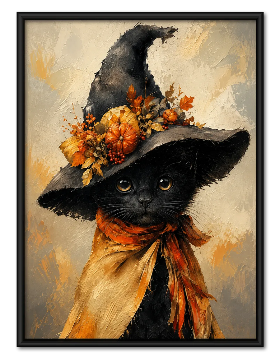 Black Cat Witch Hat Autumn Wall Art