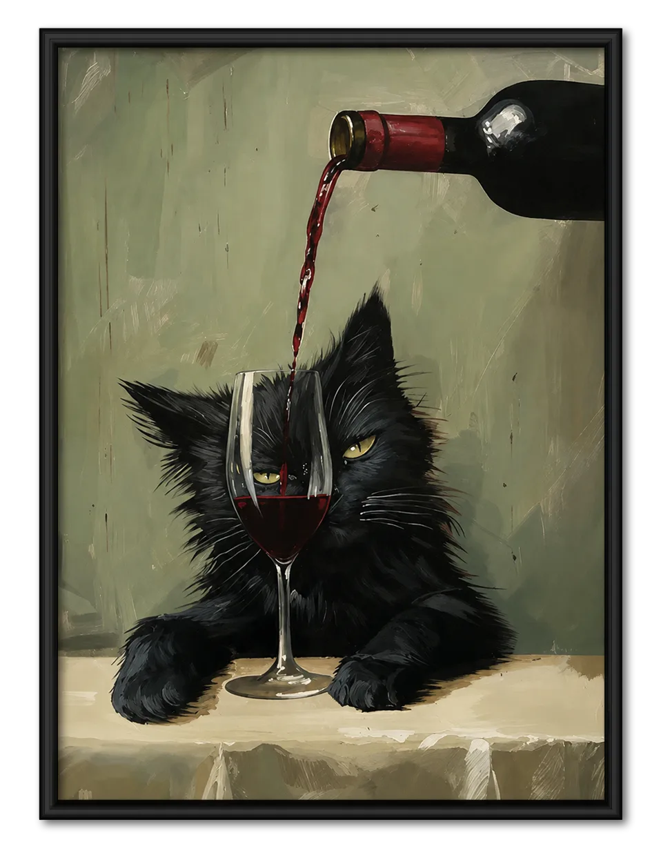 Black Cat Drinking Wine Vintage Wall Art 1
