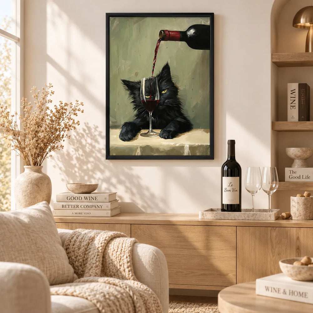 Black Cat Drinking Wine Vintage Wall Art 2