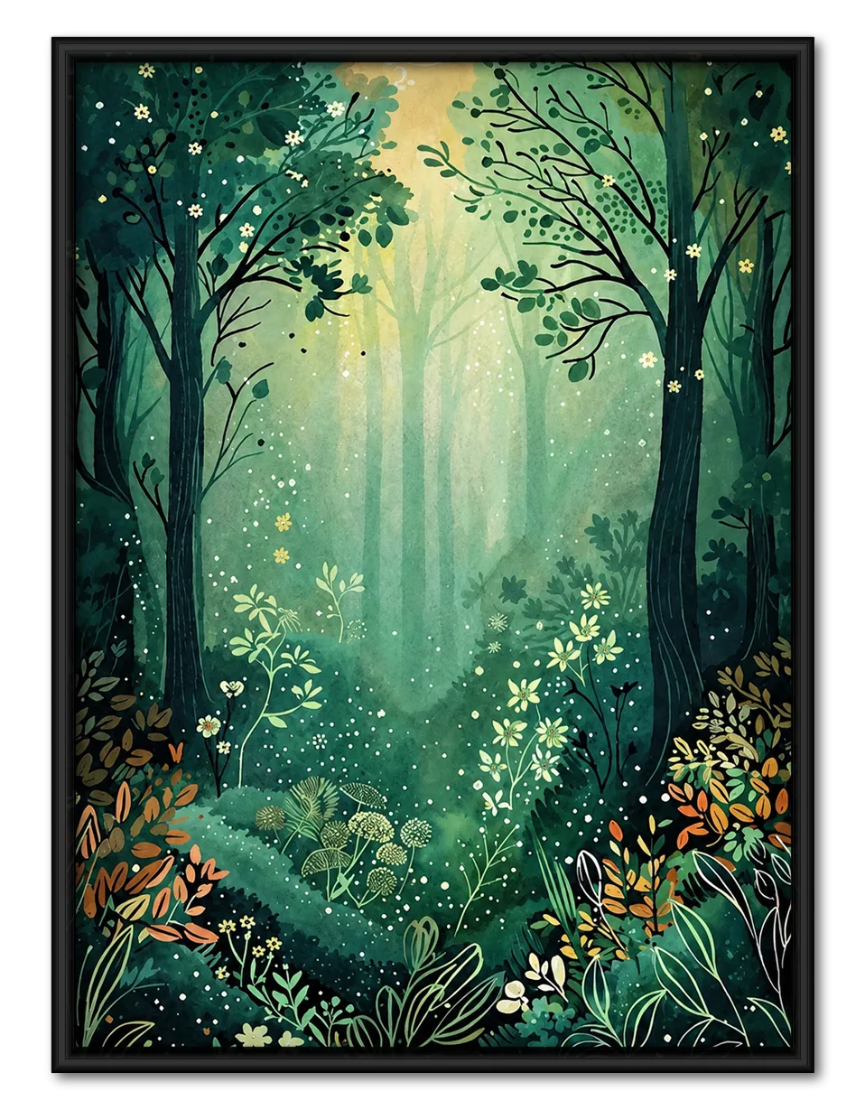 Enchanted Green Forest Illustration Wall Art 1