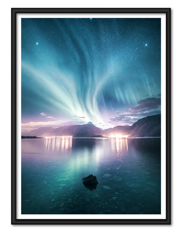 Northern Lights Mountain Lake Night Landscape Wall Art