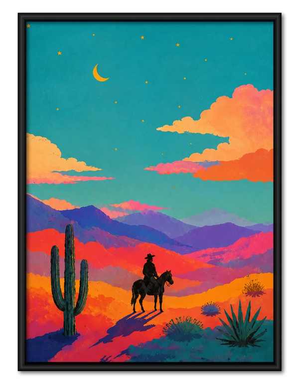 Desert Cowboy Sunset Illustration Wall Art