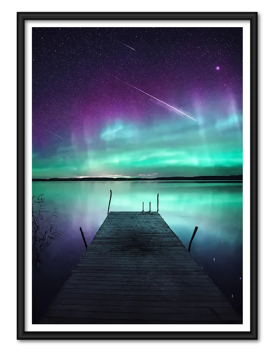 Northern Lights Lake Pier Night Landscape Wall Art 1
