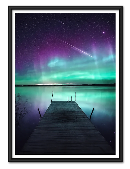 Northern Lights Lake Pier Night Landscape Wall Art