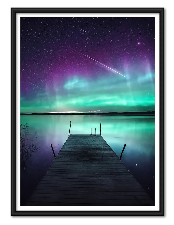 Northern Lights Lake Pier Night Landscape Wall Art