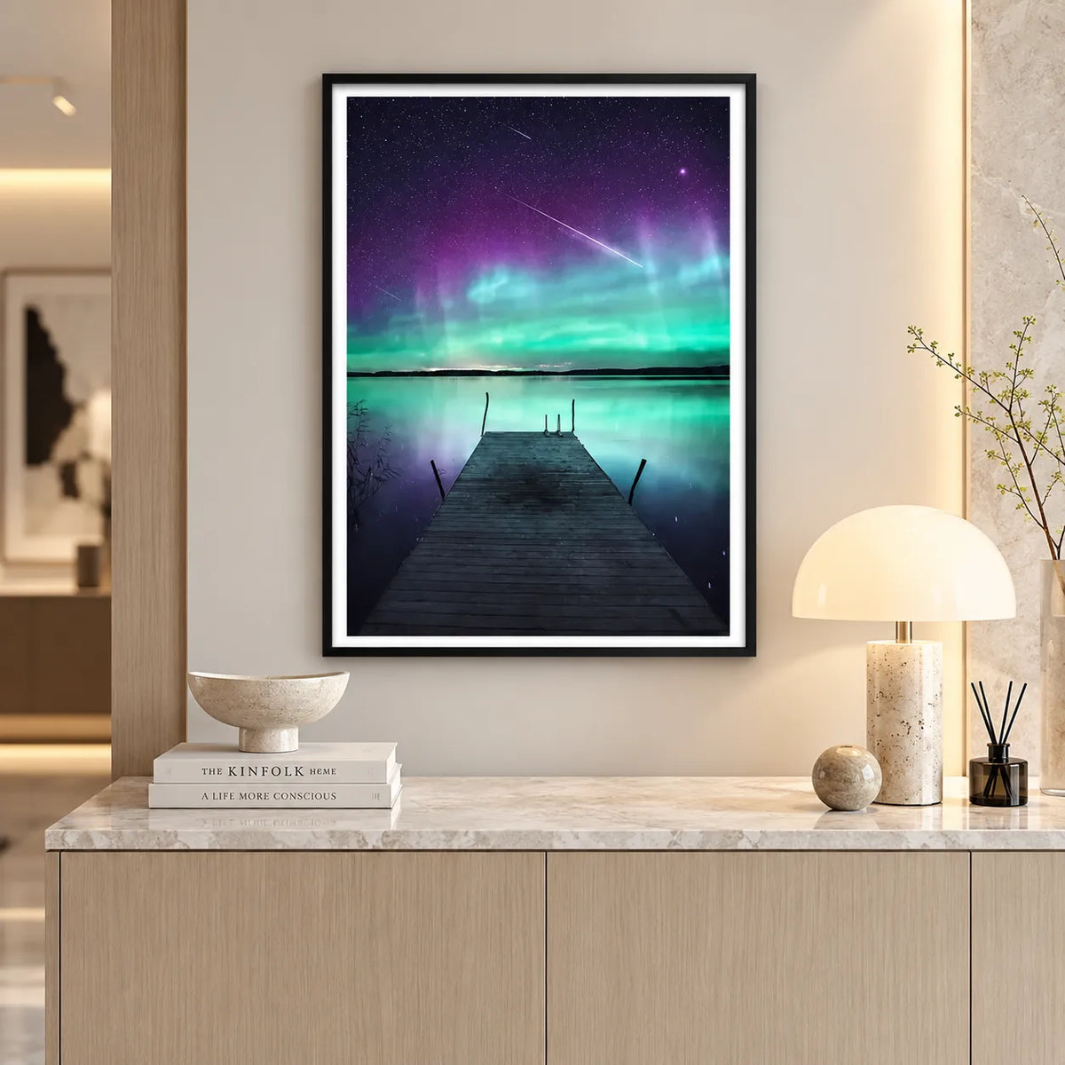 Northern Lights Lake Pier Night Landscape Wall Art 2