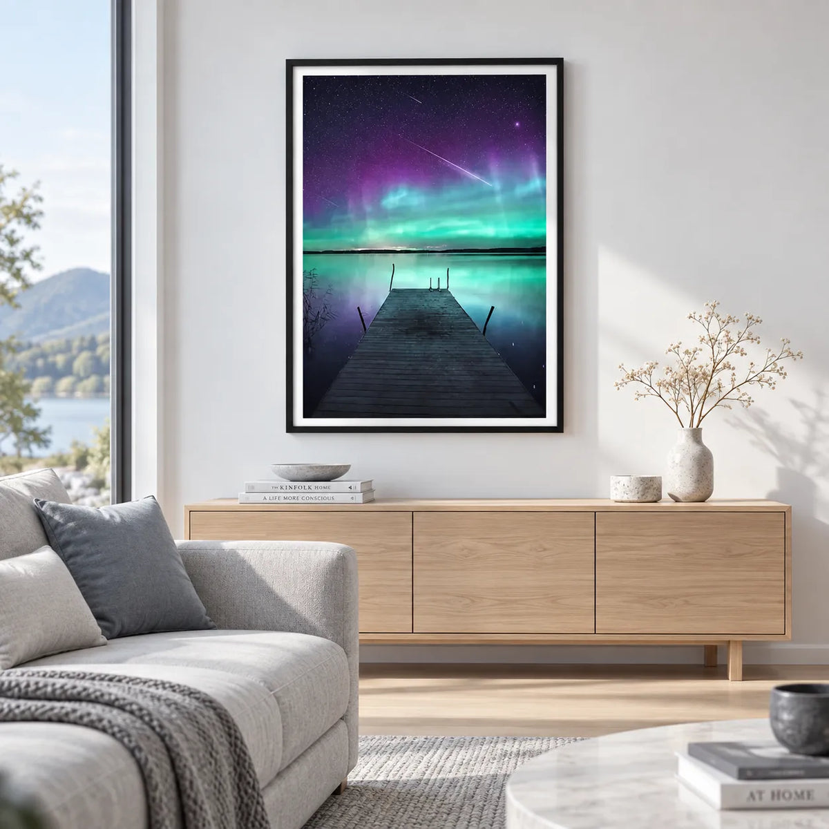 Northern Lights Lake Pier Night Landscape Wall Art 3