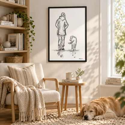 Minimal Line Drawing Person and Dog Wall Art 2