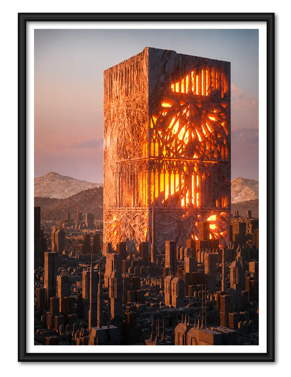 Futuristic Burning Tower Cityscape Wall Art