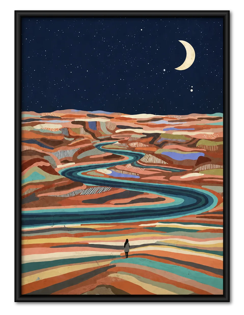 Crescent Moon Desert River Landscape Wall Art 1
