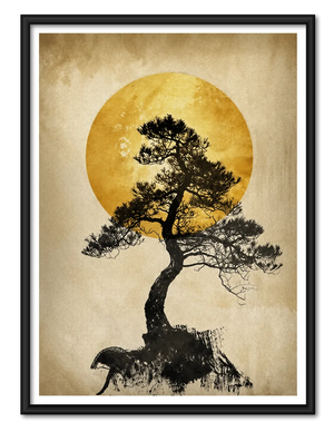 Golden Moon Pine Tree Silhouette Wall Art