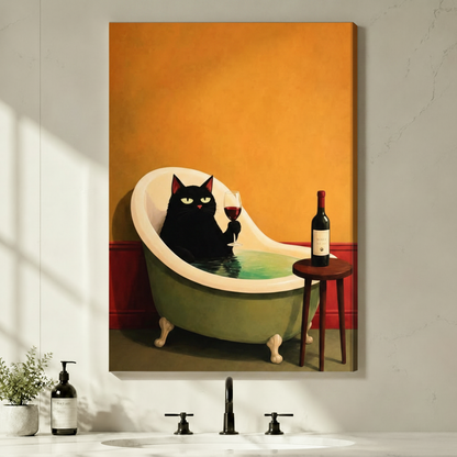 Black Cat Bath Wine Luxury Canvas Wall Art w4102