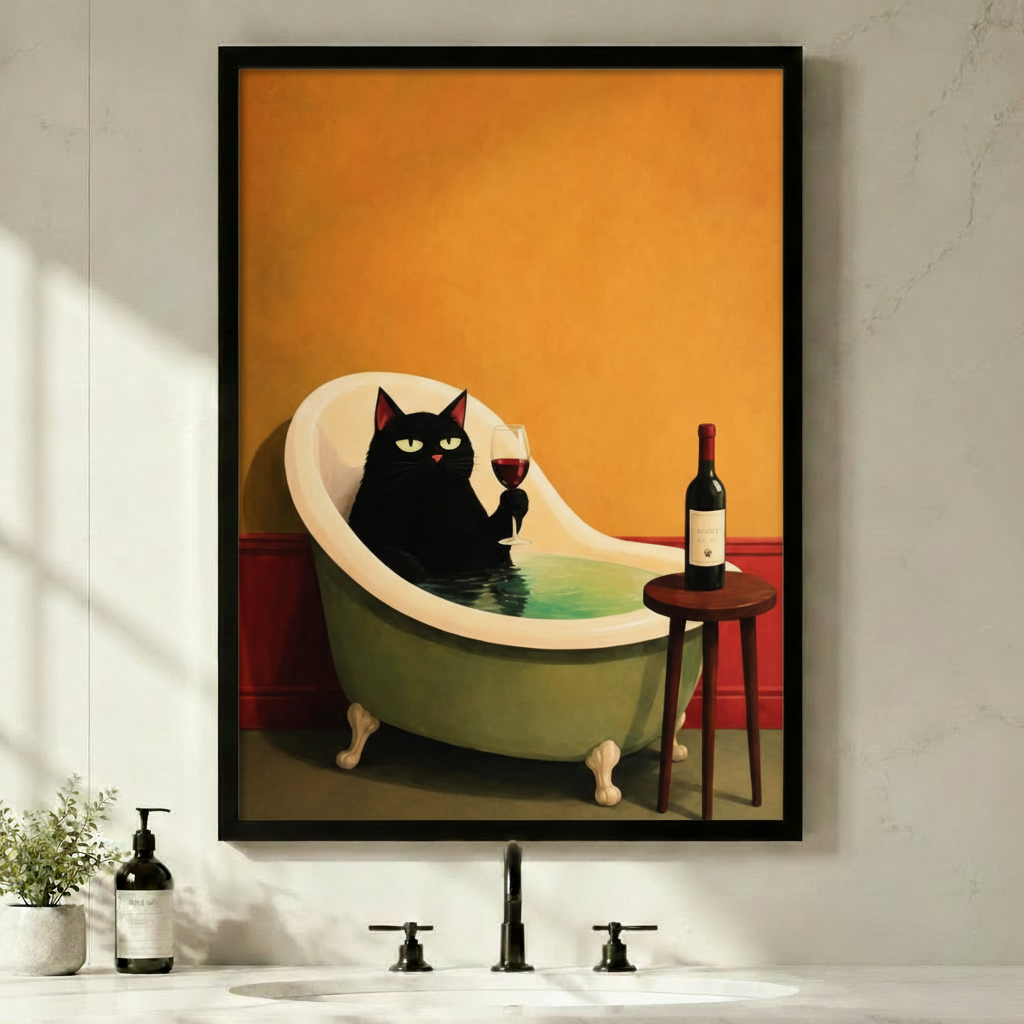 Black Cat Bath Wine Luxury Canvas Wall Art w4102