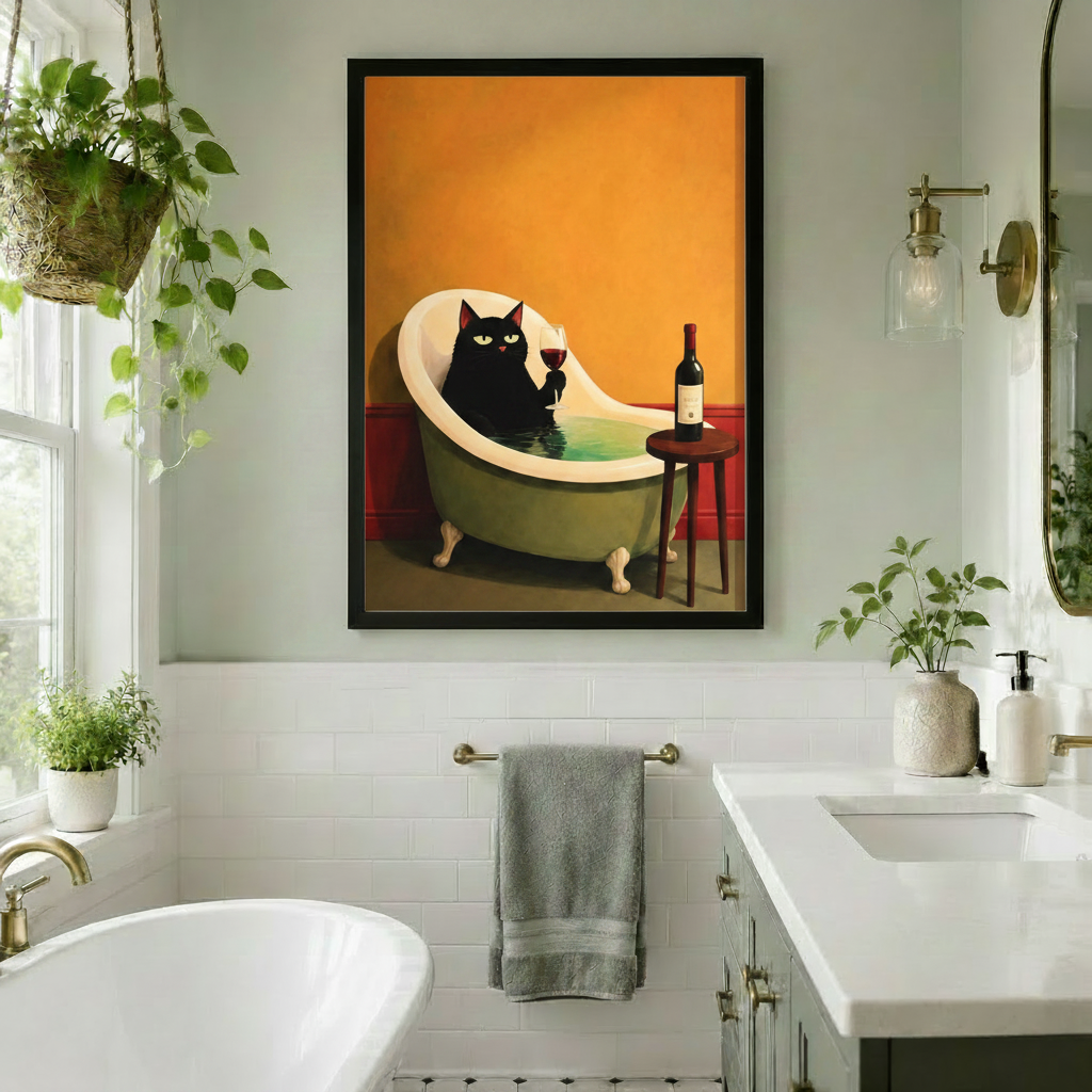 Black Cat Bath Wine Luxury Canvas Wall Art w4102