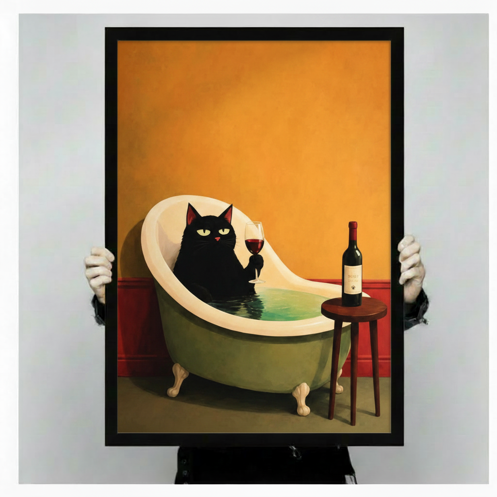 Black Cat Bath Wine Luxury Canvas Wall Art w4102