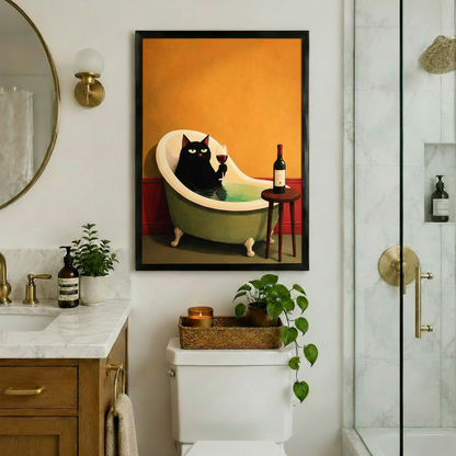 Black Cat Bath Wine Luxury Canvas Wall Art w4102